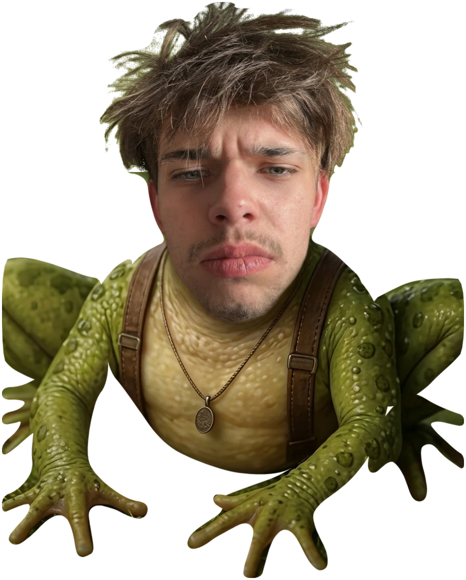 Ein ausgeschnittener grüner Froschkörper mit einem menschlichen Kopf