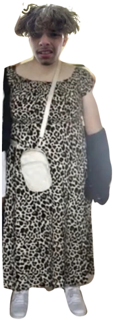 Eine ausgeschnittene Person im Leopardenkleid mit weißer Umhängetasche